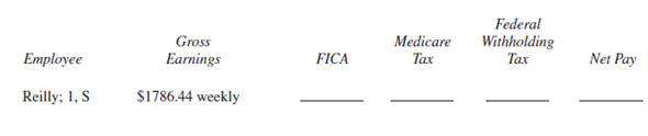 EMPLOYEE NET PAY Use the percentage method of withholding to find federal withholding tax, a 6.2 % FICA rate to find FICA tax, and 1.45 % to find Medicare tax for the following employees. Then find the net pay for each employee. The number of withholding allowances and the marital status are listed after each employee's name. Assume that no employee has earned over $110,000 so far this year. (See Examples 3 and 5.)    