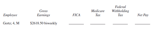 EMPLOYEE NET PAY Use the percentage method of withholding to find federal withholding tax, a 6.2 % FICA rate to find FICA tax, and 1.45 % to find Medicare tax for the following employees. Then find the net pay for each employee. The number of withholding allowances and the marital status are listed after each employee's name. Assume that no employee has earned over $110,000 so far this year. (See Examples 3 and 5.)    