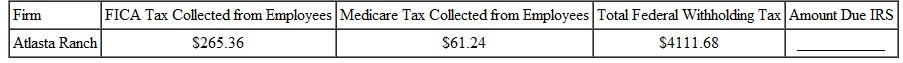 AMOUNT OWED THE IRS Calculate the total amount owed to the Internal Revenue Service from of this firms. (See Example.) EXAMPLE Finding the Employer ' s Amount Due the IRS During a certain quarter one movie theater collected $2765.42 from its employees for FICA tax, $646.75 for Medicare tax, and $3572.86 in federal withholding tax. Compute the total amount due to the government. SOLUTION The movie theater must send $10,397.20 to the Internal Revenue Service.