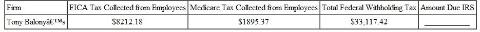 AMOUNT OWED THE IRS Calculate the total amount owed to the Internal Revenue Service from of this firms. (See Example.) EXAMPLE Finding the Employer ' s Amount Due the IRS During a certain quarter one movie theater collected $2765.42 from its employees for FICA tax, $646.75 for Medicare tax, and $3572.86 in federal withholding tax. Compute the total amount due to the government. SOLUTION The movie theater must send $10,397.20 to the Internal Revenue Service.