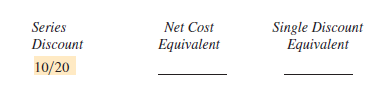 Find the net cost equivalent and the single discount equivalent of each of the following series discounts. Do not round net cost equivalents or single discount equivalents. (See Example 1.)