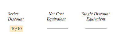 Find the net cost equivalent and the single discount equivalent of each of the following series discounts. Do not round net cost equivalents or single discount equivalents. (See Example 1.)