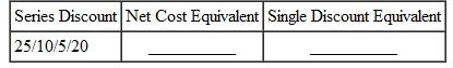 Find the net cost equivalent and the single discount equivalent of the following series discounts. Do not round net cost equivalents or single discount equivalents. (See Example.) Finding a Single Discount Equivalent If the Optimum Energy Company offered a 20/10 discount to wholesale accounts on all heating, ventilation, and cooling systems, what was the single discount equivalent? SOLUTION The single discount equivalent of a 20/10 series discount is 28%.
