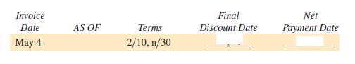 Find the final discount date and the net payment date for each of the following. (See Examples 1 and 3.)
