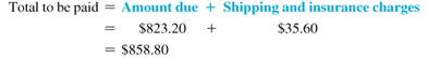 Solve for the amount of discount and the total amount due on the following invoices. Add shipping and insurance charges if given. (See Examples.)  Finding the Amount Due on the Invoice  An invoice received by Bed Bath Beyond for $840 is dated July 1 and offers terms of 2/10, n/30. If the invoice is paid on July 8 and the shipping and insurance charges, which were FOB shipping point, are $35.60, find the total amount due. CASE IN POINT SOLUTION  Since the invoice was paid in 7 days (8 ? 1=7), which is less than the 10-day requirement identified by 2/10, the 2% cash discount applies.     However, the shipping and insurance charges must be added to the amount due.     The total amount due is $858.80. Determining Cash Discount Due Dates for a Sliding Scale  An invoice from Cellular Products is dated May 18 and offers terms of 4/10, 3/25, 1/40, n/60. Find (a) the three final dates for each cash discount and (b) the net payment date. SOLUTION  (a) The three final cash discount dates are     (b) The net payment date is July 17 (20 days beyond the cash discount period).   