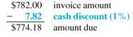 Find the discount date and net payment date for the following. (The net payment date is 20 days after the final discount date. See Examples.) Using Proximo Dating Find the amount due on an invoice of $782 for some Black and Decker Belgian waffle makers dated August 3, if terms are 1/10 prox. and the invoice is paid on September 4. SOLUTION The last date on which the discount may be taken is September 10 ( 10 days after the end of August). September 4 is within the discount period, so the discount is earned. The 1% cash discount is computed on $782, the amount of the invoice. Subtract the discount ($782 ×.01 = $ 7.822 from the invoice amount to find the amount due. Using Receipt-of-Goods Dating Best Buy received an invoice dated December 12, with terms of 2/10 ROG. The goods were received on January 2. Find (a) the final date on which the cash discount may be taken and (b) the net payment date. SOLUTION (a) The discount date is January 12 ( 10 days after receipt of goods, January 2 plus 10 days ).(b) The net payment date is February 1 ( 20 days after the last discount date). Using Extra Dating An invoice for Oster blenders is dated November 23 with terms of 2/10-50 ex. Find (a) the final date on which the cash discount may be taken and (b) the net payment date. SOLUTION (a) The discount date is January 22 ( 7 days remaining in November + 31 days in December = 38; thus, 22 more days are needed in January to total 60).(b) The net payment date is February 11 ( 20 days after the last discount date).