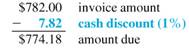 Solve for the amount of discount and the amount due on the following invoices. Round to the nearest cent. (See Examples.) Using Proximo Dating Find the amount due on an invoice of $782 for some Black and Decker Belgian waffle makers dated August 3, if terms are 1/10 prox. and the invoice is paid on September 4. SOLUTION The last date on which the discount may be taken is September 10 ( 10 days after the end of August). September 4 is within the discount period, so the discount is earned. The 1% cash discount is computed on $782, the amount of the invoice. Subtract the discount ($782 ×.01 = $ 7.822 from the invoice amount to find the amount due. Working with ROG Dating Find the amount due to Sir Speedy on an invoice of $285 for printing services, with terms of 3/10 ROG, if the invoice is dated June 8, the goods are received June 18, and the invoice is paid June 30. SOLUTION The last date to take the 3% cash discount is June 28, 10 days after June 18. Since the invoice is paid on June 30, 2 days after the last discount date, no cash discount may be taken. The entire amount of the invoice must be paid. Understanding Extra Dating An invoice from Wind Turbines Solar, Inc., is dated August 5, amounts to $8180, offers terms of 3/10-30 x, and is paid on September 12. Find the net payment. SOLUTION Step 1 The last day to take the 3% cash discount is September 14 ( August 5 + 40 days = September 14 ). Since the invoice is paid on September 12, the 3% discount may be taken. Step 2 The 3% cash discount is computed on $8180, the amount of the invoice. The discount to be taken is $245.40. Step 3 Subtract the cash discount from the invoice amount to determine the amount of payment.
