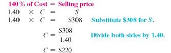 Solve for the missing numbers. Markup is based on cost. Round dollar amounts to the nearest cent. (See Examples.) Using the Basic Markup Formula REI received three different types of snowshoes in one shipment. Use the basic markup formula to find the unknown for each of the following. (a) (b) (c) SOLUTION CASE IN POINT (a) (b) (c) Solving for Percent of Markup on Cost The manager of a discount store bought hiking boots manufactured in Mexico for $60 and plans to sell them for $81 a pair. Find the percent of markup based on cost. SOLUTION Set up the problem using the table form given earlier. Since this problem is related to markup based on cost, cost is the base, or 100%. All other percents must be in terms of cost. Find the unknown values as follows. The following table shows that the markup based on cost is 35% and that the selling price is 135% of cost. The calculator solution to the first part of this example is as follows. Note: Refer to Appendix B for calculator basics. Finding Cost When Cost Is Base Olympic Sports places a markup on a 50-lb iron barbell set of $16, which is 50, based on cost. Find the cost and the selling price. Quick TIP It is important to first find the base (the cost in this problem) and then find the other values in the table. SOLUTION Set up the table using the fact that the markup of 50, based on cost is $16. Cost is the base, or 100%. Cost is not known. Find the cost using the fact that markup of $16 is 50% of cost. Divide both sides of the equation by.5 to find Complete the table by adding the percent and dollar columns to find the totals. The weight set costs the retailer $32 and is marked up by $16. The selling price of $48 is 150% of the cost of $32. Finding the Markup and the Selling Price Find the markup and the selling price for an Adidas hooded sweatshirt if the cost is $23.60 and the markup is 45% of cost. SOLUTION Use the information given to set up the problem. The percent column totals to 145%. Use the basic percent equation to find the following. The selling price can be found either by adding the cost of $23.60 to the markup of $10.62, or as follows: The table shows that the selling price of the hooded sweatshirt is $34.22. This calculator solution uses the percent add-on feature found on many calculators. Finding Cost When Cost Is Base REI sells a lightweight down sleeping bag rated for very cold weather for $308. If the markup on cost is 40%, find the amount that REI pays for one sleeping bag. Then find the markup. SOLUTION CASE IN POINT The cost is 100% and the markup is 40%, so the selling price is 140% of cost. : is important to notice that the base is not known in this example. So, use the basic percent quation to find the base or think through it as follows: So, the sleeping bag cost $220. Finally, markup = selling price ? cost. All values are given in the table. Check the answer by making sure that both column totals are correct. Finding the Cost and the Markup The retail price of a 50-inch portable basketball system is $549.99. The retailer has operating expenses of 29.5% and wants a 5.5% profit, both based on cost, on this item. First find the total percent of markup on cost; then find cost and markup. Quick TIP Remember, when calculating markup on cost, cost is always the base and 100% always goes next to cost. SOLUTION Add operating expense and profit percents to find the percent markup on cost required by the retailer. Now set the problem up in the table form. The final table is shown. The cost is $407.40 and the markup is $142.59.
