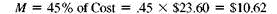 Find the missing numbers. Round rates to the nearest tenth of a percent and dollar amounts to the nearest cent. (See Examples.)     Using the Basic Markup Formula      REI received three different types of snowshoes in one shipment. Use the basic markup formula to find the unknown for each of the following. (a)      (b)      (c)      SOLUTION  CASE IN POINT (a)      (b)      (c)      Solving for Percent of Markup on Cost      The manager of a discount store bought hiking boots manufactured in Mexico for $60 and plans to sell them for $81 a pair. Find the percent of markup based on cost. SOLUTION  Set up the problem using the table form given earlier. Since this problem is related to markup based on cost, cost is the base, or 100%. All other percents must be in terms of cost.     Find the unknown values as follows.     The following table shows that the markup based on cost is 35% and that the selling price is 135% of cost.     The calculator solution to the first part of this example is as follows.     Note: Refer to Appendix B for calculator basics. Finding Cost When Cost Is Base      Olympic Sports places a markup on a 50-lb iron barbell set of $16, which is 50, based on cost. Find the cost and the selling price. Quick TIP  It is important to first find the base (the cost in this problem) and then find the other values in the table. SOLUTION  Set up the table using the fact that the markup of 50, based on cost is $16. Cost is the base, or 100%. Cost is not known.     Find the cost using the fact that markup of $16 is 50% of cost.     Divide both sides of the equation by.5 to find     Complete the table by adding the percent and dollar columns to find the totals.     The weight set costs the retailer $32 and is marked up by $16. The selling price of $48 is 150% of the cost of $32. Finding the Markup and the Selling Price      Find the markup and the selling price for an Adidas hooded sweatshirt if the cost is $23.60 and the markup is 45% of cost. SOLUTION  Use the information given to set up the problem.     The percent column totals to 145%. Use the basic percent equation to find the following.     The selling price can be found either by adding the cost of $23.60 to the markup of $10.62, or as follows:     The table shows that the selling price of the hooded sweatshirt is $34.22.     This calculator solution uses the percent add-on feature found on many calculators.     Finding Cost When Cost Is Base  REI sells a lightweight down sleeping bag rated for very cold weather for $308. If the markup on cost is 40%, find the amount that REI pays for one sleeping bag. Then find the markup.     SOLUTION  CASE IN POINT The cost is 100% and the markup is 40%, so the selling price is 140% of cost.     : is important to notice that the base is not known in this example. So, use the basic percent quation to find the base or think through it as follows:     So, the sleeping bag cost $220. Finally, markup = selling price ? cost.     All values are given in the table.     Check the answer by making sure that both column totals are correct. Finding the Cost and the Markup  The retail price of a 50-inch portable basketball system is $549.99. The retailer has operating expenses of 29.5% and wants a 5.5% profit, both based on cost, on this item. First find the total percent of markup on cost; then find cost and markup. Quick TIP  Remember, when calculating markup on cost, cost is always the base and 100% always goes next to cost. SOLUTION  Add operating expense and profit percents to find the percent markup on cost required by the retailer.     Now set the problem up in the table form.     The final table is shown.     The cost is $407.40 and the markup is $142.59.