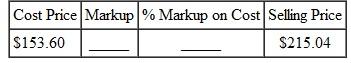 Find the missing numbers. Round rates to the nearest tenth of a percent and dollar amounts to the nearest cent. (See Examples.) Using the Basic Markup Formula REI received three different types of snowshoes in one shipment. Use the basic markup formula to find the unknown for each of the following. (a) (b) (c) SOLUTION CASE IN POINT (a) (b) (c) Solving for Percent of Markup on Cost The manager of a discount store bought hiking boots manufactured in Mexico for $60 and plans to sell them for $81 a pair. Find the percent of markup based on cost. SOLUTION Set up the problem using the table form given earlier. Since this problem is related to markup based on cost, cost is the base, or 100%. All other percents must be in terms of cost. Find the unknown values as follows. The following table shows that the markup based on cost is 35% and that the selling price is 135% of cost. The calculator solution to the first part of this example is as follows. Note: Refer to Appendix B for calculator basics. Finding Cost When Cost Is Base Olympic Sports places a markup on a 50-lb iron barbell set of $16, which is 50, based on cost. Find the cost and the selling price. Quick TIP It is important to first find the base (the cost in this problem) and then find the other values in the table. SOLUTION Set up the table using the fact that the markup of 50, based on cost is $16. Cost is the base, or 100%. Cost is not known. Find the cost using the fact that markup of $16 is 50% of cost. Divide both sides of the equation by.5 to find Complete the table by adding the percent and dollar columns to find the totals. The weight set costs the retailer $32 and is marked up by $16. The selling price of $48 is 150% of the cost of $32. Finding the Markup and the Selling Price Find the markup and the selling price for an Adidas hooded sweatshirt if the cost is $23.60 and the markup is 45% of cost. SOLUTION Use the information given to set up the problem. The percent column totals to 145%. Use the basic percent equation to find the following. The selling price can be found either by adding the cost of $23.60 to the markup of $10.62, or as follows: The table shows that the selling price of the hooded sweatshirt is $34.22. This calculator solution uses the percent add-on feature found on many calculators. Finding Cost When Cost Is Base REI sells a lightweight down sleeping bag rated for very cold weather for $308. If the markup on cost is 40%, find the amount that REI pays for one sleeping bag. Then find the markup. SOLUTION CASE IN POINT The cost is 100% and the markup is 40%, so the selling price is 140% of cost. : is important to notice that the base is not known in this example. So, use the basic percent quation to find the base or think through it as follows: So, the sleeping bag cost $220. Finally, markup = selling price ? cost. All values are given in the table. Check the answer by making sure that both column totals are correct. Finding the Cost and the Markup The retail price of a 50-inch portable basketball system is $549.99. The retailer has operating expenses of 29.5% and wants a 5.5% profit, both based on cost, on this item. First find the total percent of markup on cost; then find cost and markup. Quick TIP Remember, when calculating markup on cost, cost is always the base and 100% always goes next to cost. SOLUTION Add operating expense and profit percents to find the percent markup on cost required by the retailer. Now set the problem up in the table form. The final table is shown. The cost is $407.40 and the markup is $142.59.