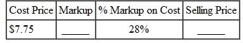 Find the missing numbers. Round rates to the nearest tenth of a percent and dollar amounts to the nearest cent. (See Examples.) Using the Basic Markup Formula REI received three different types of snowshoes in one shipment. Use the basic markup formula to find the unknown for each of the following. (a) (b) (c) SOLUTION CASE IN POINT (a) (b) (c) Solving for Percent of Markup on Cost The manager of a discount store bought hiking boots manufactured in Mexico for $60 and plans to sell them for $81 a pair. Find the percent of markup based on cost. SOLUTION Set up the problem using the table form given earlier. Since this problem is related to markup based on cost, cost is the base, or 100%. All other percents must be in terms of cost. Find the unknown values as follows. The following table shows that the markup based on cost is 35% and that the selling price is 135% of cost. The calculator solution to the first part of this example is as follows. Note: Refer to Appendix B for calculator basics. Finding Cost When Cost Is Base Olympic Sports places a markup on a 50-lb iron barbell set of $16, which is 50, based on cost. Find the cost and the selling price. Quick TIP It is important to first find the base (the cost in this problem) and then find the other values in the table. SOLUTION Set up the table using the fact that the markup of 50, based on cost is $16. Cost is the base, or 100%. Cost is not known. Find the cost using the fact that markup of $16 is 50% of cost. Divide both sides of the equation by.5 to find Complete the table by adding the percent and dollar columns to find the totals. The weight set costs the retailer $32 and is marked up by $16. The selling price of $48 is 150% of the cost of $32. Finding the Markup and the Selling Price Find the markup and the selling price for an Adidas hooded sweatshirt if the cost is $23.60 and the markup is 45% of cost. SOLUTION Use the information given to set up the problem. The percent column totals to 145%. Use the basic percent equation to find the following. The selling price can be found either by adding the cost of $23.60 to the markup of $10.62, or as follows: The table shows that the selling price of the hooded sweatshirt is $34.22. This calculator solution uses the percent add-on feature found on many calculators. Finding Cost When Cost Is Base REI sells a lightweight down sleeping bag rated for very cold weather for $308. If the markup on cost is 40%, find the amount that REI pays for one sleeping bag. Then find the markup. SOLUTION CASE IN POINT The cost is 100% and the markup is 40%, so the selling price is 140% of cost. : is important to notice that the base is not known in this example. So, use the basic percent quation to find the base or think through it as follows: So, the sleeping bag cost $220. Finally, markup = selling price ? cost. All values are given in the table. Check the answer by making sure that both column totals are correct. Finding the Cost and the Markup The retail price of a 50-inch portable basketball system is $549.99. The retailer has operating expenses of 29.5% and wants a 5.5% profit, both based on cost, on this item. First find the total percent of markup on cost; then find cost and markup. Quick TIP Remember, when calculating markup on cost, cost is always the base and 100% always goes next to cost. SOLUTION Add operating expense and profit percents to find the percent markup on cost required by the retailer. Now set the problem up in the table form. The final table is shown. The cost is $407.40 and the markup is $142.59.