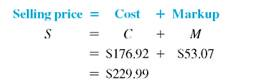 Write the markup formula in vertical form. Define each term. (See Objective.) Use the basic formula for markup. Managers mark up the cost of an item before selling it. For example, assume a backpack costs REI $176.92 and that it is marked up by $53.07 before putting it up for sale. The basic markup formula that follows shows that the selling price is the sum of the cost and the markup.     In general, the markup should be large enough to cover all associated operating expenses, such as wages and rent, and to have some left over for profit. However, smaller markups are sometimes used during a storewide sale to encourage customers to shop at the store or when trying to quickly move outdated products out of the store. Look at the following related to the backpack.     Cost is the amount paid to a supplier and includes shipping costs. Any markup remaining after paying operating expenses is profit. Markup problems often give two of the values in the basic formula ( S = C + M ) and ask you to find the unknown value, as shown in Example.