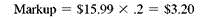 Solve for the missing numbers. Markup is based on selling price. Round dollar amounts to the nearest cent. (See Examples.) Solving for Markup on Selling Price To remain competitive, REI sells Body Glove Sunglasses for only $39.99. They pay $35 for each pair and calculate markup on selling price. Find the amount of markup, the percent of markup on selling price, and the percent of cost on selling price. SOLUTION Set up the problem. Solve for either of the rates and subtract the result from 100, to find the other. For example, here we solve for the markup rate using the basic percent formula. Cost as a percent of selling price can be found either by subtracting 100, - 12.5,, or by dividing the cost of $35 by the selling price of $39.99. Notice that percents are rounded to the nearest tenth of a percent. Here, selling price is the base and is associated with 100,. The markup in this example is very low-REI will probably take a loss on these sunglasses, but managers hope the low price will bring customers into the store. Finding Cost When Selling Price Is Base A Kmart ® employee needs a 35, markup on selling price in order to have a markup of $5.16 on a pair of PRO CLASSIC Batting Gloves. How much can Kmart afford to pay for each pair of gloves? SOLUTION Cost as a percent of selling price is found by subtracting 35% from 100, to find 65%. Find the selling price as follows. Divide both sides by.35 to find the selling price. Finally, find cost by subtracting. The final table is shown here. Finding Markup When Selling Price Is Given Marilyn Westby must calculate the markup on a Wilson youth tennis racket. The selling price of the tennis racket is $15.99, and the markup is 20, of selling price. Find the markup. SOLUTION Cost as a percent of selling price is found by subtracting 20, from 100, to find 80,. Solve for the missing values using P = R × B : The markup is $3.20. Finding Markup When Cost Is Given Find the markup on a dartboard made in England if the cost is $27.45 and the markup is 25, of selling price. SOLUTION Subtract 25% from 100% to find that cost is 75% of selling price. First, solve for selling price. Finally: Here is the completed table.