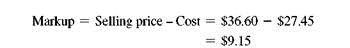 Solve for the missing numbers. Markup is based on selling price. Round dollar amounts to the nearest cent. (See Examples.) Solving for Markup on Selling Price To remain competitive, REI sells Body Glove Sunglasses for only $39.99. They pay $35 for each pair and calculate markup on selling price. Find the amount of markup, the percent of markup on selling price, and the percent of cost on selling price. SOLUTION Set up the problem. Solve for either of the rates and subtract the result from 100, to find the other. For example, here we solve for the markup rate using the basic percent formula. Cost as a percent of selling price can be found either by subtracting 100, - 12.5,, or by dividing the cost of $35 by the selling price of $39.99. Notice that percents are rounded to the nearest tenth of a percent. Here, selling price is the base and is associated with 100,. The markup in this example is very low-REI will probably take a loss on these sunglasses, but managers hope the low price will bring customers into the store. Finding Cost When Selling Price Is Base A Kmart ® employee needs a 35, markup on selling price in order to have a markup of $5.16 on a pair of PRO CLASSIC Batting Gloves. How much can Kmart afford to pay for each pair of gloves? SOLUTION Cost as a percent of selling price is found by subtracting 35% from 100, to find 65%. Find the selling price as follows. Divide both sides by.35 to find the selling price. Finally, find cost by subtracting. The final table is shown here. Finding Markup When Selling Price Is Given Marilyn Westby must calculate the markup on a Wilson youth tennis racket. The selling price of the tennis racket is $15.99, and the markup is 20, of selling price. Find the markup. SOLUTION Cost as a percent of selling price is found by subtracting 20, from 100, to find 80,. Solve for the missing values using P = R × B : The markup is $3.20. Finding Markup When Cost Is Given Find the markup on a dartboard made in England if the cost is $27.45 and the markup is 25, of selling price. SOLUTION Subtract 25% from 100% to find that cost is 75% of selling price. First, solve for selling price. Finally: Here is the completed table.
