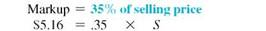 Solve for the missing numbers. Markup is based on selling price. Round dollar amounts to the nearest cent. (See Examples.) Solving for Markup on Selling Price To remain competitive, REI sells Body Glove Sunglasses for only $39.99. They pay $35 for each pair and calculate markup on selling price. Find the amount of markup, the percent of markup on selling price, and the percent of cost on selling price. SOLUTION Set up the problem. Solve for either of the rates and subtract the result from 100, to find the other. For example, here we solve for the markup rate using the basic percent formula. Cost as a percent of selling price can be found either by subtracting 100, - 12.5,, or by dividing the cost of $35 by the selling price of $39.99. Notice that percents are rounded to the nearest tenth of a percent. Here, selling price is the base and is associated with 100,. The markup in this example is very low-REI will probably take a loss on these sunglasses, but managers hope the low price will bring customers into the store. Finding Cost When Selling Price Is Base A Kmart ® employee needs a 35, markup on selling price in order to have a markup of $5.16 on a pair of PRO CLASSIC Batting Gloves. How much can Kmart afford to pay for each pair of gloves? SOLUTION Cost as a percent of selling price is found by subtracting 35% from 100, to find 65%. Find the selling price as follows. Divide both sides by.35 to find the selling price. Finally, find cost by subtracting. The final table is shown here. Finding Markup When Selling Price Is Given Marilyn Westby must calculate the markup on a Wilson youth tennis racket. The selling price of the tennis racket is $15.99, and the markup is 20, of selling price. Find the markup. SOLUTION Cost as a percent of selling price is found by subtracting 20, from 100, to find 80,. Solve for the missing values using P = R × B : The markup is $3.20. Finding Markup When Cost Is Given Find the markup on a dartboard made in England if the cost is $27.45 and the markup is 25, of selling price. SOLUTION Subtract 25% from 100% to find that cost is 75% of selling price. First, solve for selling price. Finally: Here is the completed table.