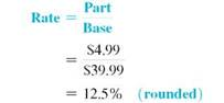 Solve for the missing numbers. Markup is based on selling price. Round dollar amounts to the nearest cent. (See Examples.) Solving for Markup on Selling Price To remain competitive, REI sells Body Glove Sunglasses for only $39.99. They pay $35 for each pair and calculate markup on selling price. Find the amount of markup, the percent of markup on selling price, and the percent of cost on selling price. SOLUTION Set up the problem. Solve for either of the rates and subtract the result from 100, to find the other. For example, here we solve for the markup rate using the basic percent formula. Cost as a percent of selling price can be found either by subtracting 100, - 12.5,, or by dividing the cost of $35 by the selling price of $39.99. Notice that percents are rounded to the nearest tenth of a percent. Here, selling price is the base and is associated with 100,. The markup in this example is very low-REI will probably take a loss on these sunglasses, but managers hope the low price will bring customers into the store. Finding Cost When Selling Price Is Base A Kmart ® employee needs a 35, markup on selling price in order to have a markup of $5.16 on a pair of PRO CLASSIC Batting Gloves. How much can Kmart afford to pay for each pair of gloves? SOLUTION Cost as a percent of selling price is found by subtracting 35% from 100, to find 65%. Find the selling price as follows. Divide both sides by.35 to find the selling price. Finally, find cost by subtracting. The final table is shown here. Finding Markup When Selling Price Is Given Marilyn Westby must calculate the markup on a Wilson youth tennis racket. The selling price of the tennis racket is $15.99, and the markup is 20, of selling price. Find the markup. SOLUTION Cost as a percent of selling price is found by subtracting 20, from 100, to find 80,. Solve for the missing values using P = R × B : The markup is $3.20. Finding Markup When Cost Is Given Find the markup on a dartboard made in England if the cost is $27.45 and the markup is 25, of selling price. SOLUTION Subtract 25% from 100% to find that cost is 75% of selling price. First, solve for selling price. Finally: Here is the completed table.
