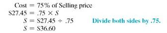 Solve for the missing numbers. Markup is based on selling price. Round dollar amounts to the nearest cent. (See Examples.) Solving for Markup on Selling Price To remain competitive, REI sells Body Glove Sunglasses for only $39.99. They pay $35 for each pair and calculate markup on selling price. Find the amount of markup, the percent of markup on selling price, and the percent of cost on selling price. SOLUTION Set up the problem. Solve for either of the rates and subtract the result from 100, to find the other. For example, here we solve for the markup rate using the basic percent formula. Cost as a percent of selling price can be found either by subtracting 100, - 12.5,, or by dividing the cost of $35 by the selling price of $39.99. Notice that percents are rounded to the nearest tenth of a percent. Here, selling price is the base and is associated with 100,. The markup in this example is very low-REI will probably take a loss on these sunglasses, but managers hope the low price will bring customers into the store. Finding Cost When Selling Price Is Base A Kmart ® employee needs a 35, markup on selling price in order to have a markup of $5.16 on a pair of PRO CLASSIC Batting Gloves. How much can Kmart afford to pay for each pair of gloves? SOLUTION Cost as a percent of selling price is found by subtracting 35% from 100, to find 65%. Find the selling price as follows. Divide both sides by.35 to find the selling price. Finally, find cost by subtracting. The final table is shown here. Finding Markup When Selling Price Is Given Marilyn Westby must calculate the markup on a Wilson youth tennis racket. The selling price of the tennis racket is $15.99, and the markup is 20, of selling price. Find the markup. SOLUTION Cost as a percent of selling price is found by subtracting 20, from 100, to find 80,. Solve for the missing values using P = R × B : The markup is $3.20. Finding Markup When Cost Is Given Find the markup on a dartboard made in England if the cost is $27.45 and the markup is 25, of selling price. SOLUTION Subtract 25% from 100% to find that cost is 75% of selling price. First, solve for selling price. Finally: Here is the completed table.