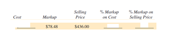Find the missing quantities by first computing the markup on one base and then computing the markup on the other. Round rates to the nearest tenth of a percent and dollar amounts to the nearest cent. (See Example 5.)