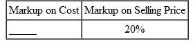 Find the equivalent markups on either cost or selling price using the appropriate formula. Round to the nearest tenth of a percent. (See Examples.)     Converting Markup on Cost to Markup on Selling Price  Convert a markup of 25, on cost to its equivalent markup on selling price. SOLUTION  Use the formula for converting markup percent on cost to markup percent on selling price.     Converting Markup on Selling Price to Markup on Cost  Convert a markup of 20% on selling price to its equivalent markup on cost. SOLUTION  Use the formula for converting markup percent on selling price to markup percent on cost.     A markup of 20% on selling price is equivalent to a markup of 25% on cost.