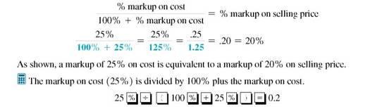 Find the equivalent markups on either cost or selling price using the appropriate formula. Round to the nearest tenth of a percent. (See Examples.) Converting Markup on Cost to Markup on Selling Price Convert a markup of 25, on cost to its equivalent markup on selling price. SOLUTION Use the formula for converting markup percent on cost to markup percent on selling price. Converting Markup on Selling Price to Markup on Cost Convert a markup of 20% on selling price to its equivalent markup on cost. SOLUTION Use the formula for converting markup percent on selling price to markup percent on cost. A markup of 20% on selling price is equivalent to a markup of 25% on cost.