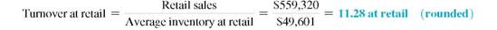 Find the stock turnover at cost and at retail in the following. Round to the nearest hundredth. (See Examples.) Finding Stock Turnover at Retail Last year, Red Clown Children's Apparel had retail sales of $559,320 and an average retail inventory of $49,601. Find the stock turnover at retail. Solution On average, the store turned over or sold the value of its entire inventory 11.3 times during the month. Finding Stock Turnover at Cost If the average inventory value at cost for Red Clown Children's Apparel in Example was $27,260 and the cost of goods sold was $341,340, find the stock turnover at cost. Solution Notice that the two turnover values from Examples are similar, as expected.