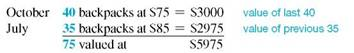 Find the inventory values using (a) the weighted-average method, (b) the FIFO method, and (c) the LIFO method for each of the following. Round to the nearest cent if necessary. (See Examples.) Using Weighted Average (Average Cost) Inventory Valuation Suppose REI made the following purchases of the Explorer internal frame backpack during the year. At the end of the year, there are 75 backpacks in inventory. Use the weighted-average method to find the inventory value. Solution Find the total cost of all the backpacks. Find the average cost per backpack by dividing this total cost by the number purchased. Since the average cost is $83.33 and 75 backpacks remain in inventory, the weighted-average method gives the inventory value of the remaining backpacks as $83.33 × 75 = $6249.75. The calculator solution to this example has several steps. First, find the total number of backpacks purchased and place the total in memory. Next, find the total cost of all the backpacks purchased and divide by the number stored in memory. This gives the average cost per backpack. Finally, round the average cost to the nearest cent and multiply by the number of backpacks in inventory to get the weighted average inventory value. Using FIFO to Determine Inventory Valuation Use the FIFO method to find the inventory value of the 75 backpacks from REI in Example. Solution CASE IN POINT With the FIFO method, the 75 remaining backpacks are assumed to consist of the 40 backpacks bought in October and 35 (75 ? 40 = 35) backpacks from the previous purchase in July. The value of the inventory is: The value of the backpack inventory is $5975 using the FIFO method. Using LIFO to Determine Inventory Valuation Use the LIFO method to value the 75 backpacks in inventory at REI in Example. Solution CASE IN POINT The calculation starts with the beginning inventory and moves through the year's purchases, resulting in 75 backpacks still in stock. The beginning inventory and January purchases come to 70 backpacks, so the cost of 5 more (75 ? 70 = 5) backpacks from the March purchase is needed. The value of the backpack inventory is $5850 using the LIFO method.