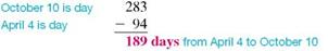 Find the exact number of days from the first date to the second. (See Examples.) Finding the Number of Days from One Date to Another, Using a Table Use the table to find the number of days from (a) March 24 to July 22, (b) April 4 to October 10, (c) November 8 to February 17 of the following year, and (d) December 2 to January 17 of the following year. Assume that it is not a leap year. SOLUTION (a) (b) (c) November 8 is day 312, so there are 365 ? 312 = 53 days from November 8 to the end of the year. Add days until the end of the year plus days into the next year to find the total. (d) December 2 is day 336, so there are 365 ? 336 = 29 days to the end of the year. Add days until the end of the year plus days into the next year to find the total. Finding the Number of Days from One Date to Another, Using Actual Days Find the number of days from (a) June 3 to August 14 and (b) November 4 to February 21. Quick TIP To find the number of days from one date to another, do not count the day the loan was made, but do count the day the loan is paid. SOLUTION (a) June has 30 days, so there are 30 ? 3 = 27 days from June 3 to the end of June. (b) November has 30 days, so there are 30 ? 4 = 26 days from November 4 to the end of November. May 22 to August 30