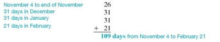 Find the exact number of days from the first date to the second. (See Examples.) Finding the Number of Days from One Date to Another, Using a Table Use the table to find the number of days from (a) March 24 to July 22, (b) April 4 to October 10, (c) November 8 to February 17 of the following year, and (d) December 2 to January 17 of the following year. Assume that it is not a leap year. SOLUTION (a) (b) (c) November 8 is day 312, so there are 365 ? 312 = 53 days from November 8 to the end of the year. Add days until the end of the year plus days into the next year to find the total. (d) December 2 is day 336, so there are 365 ? 336 = 29 days to the end of the year. Add days until the end of the year plus days into the next year to find the total. Finding the Number of Days from One Date to Another, Using Actual Days Find the number of days from (a) June 3 to August 14 and (b) November 4 to February 21. Quick TIP To find the number of days from one date to another, do not count the day the loan was made, but do count the day the loan is paid. SOLUTION (a) June has 30 days, so there are 30 ? 3 = 27 days from June 3 to the end of June. (b) November has 30 days, so there are 30 ? 4 = 26 days from November 4 to the end of November. October 12 to February 22 of the following year