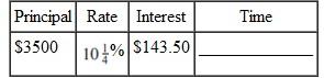 Find the time in following round to the nearest month. (See Example.) Finding Time in Days Given Principal and Rate Roberta Sanchez deposited $18,600 in an account paying 3, and she earned $217 in interest. Find the number of days that the deposit earned interest. SOLUTION The money was on deposit for 140 days. Use parentheses around the denominator of the fraction to make sure that the calculations are done in the correct order.