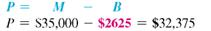 Find the maturity date and the proceeds for the following. Round to the nearest cent. (See Examples.) Finding Discount and Proceeds Jim Peterson signs a simple discount note with a face or maturity value of $35,000 so that he can purchase a truck with plow for his snow removal business. The banker discounts the 10-month note at 9%. Find the amount of the discount and the proceeds. SOLUTION Peterson does not receive $35,000 from the bank-that is the amount he must repay when the loan matures. Use M = $35,000, D = 9%, and in the formula B = MDT to find the discount, which is the interest that must be paid at maturity. The discount of $2625 is the interest charge on the loan. The proceeds that Peterson actually receives when making the loan is found using P = M ? B. Peterson signs the discount note with a face value of $35,000, but receives $32,375. Ten months later he must pay $35,000 to the bank. The difference is interest. Finding the Proceeds To finance a new electronic sign to put in front of a retail store, Mustang Auto signs a 6-month, simple discount note with a face value of $4500. Find the proceeds if the discount rate is 10.5%. SOLUTION The bank discount ( B ) is not known, but we do know that B = MDT. Therefore, we can substitute MDT in place of B. Mustang Auto receives $4263.75 but must pay back $4500 in 6 months.