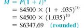 Use the formula for compound amount, not the table, to find the compound amount and interest. Round to the nearest cent. (See Examples.) Finding the Interest Rate per Compounding Period and the Number of Compounding Periods Find the interest rate per compounding period and the number of compounding periods for each. (a) 5% compounded semiannually, 3 years (b) 6% per year, compounded monthly, years (c) 2% per year, compounded quarterly, 5 years SOLUTION (a) 5% compounded semiannually is credited at the end of each 6 months. There are 3 years ×2 periods per year = 6 compounding periods in 3 years. (b) 6% per year, compounded monthly, results in credited at the end of each month. There are 2.5 years ×12 periods per year = 30 compounding periods in 2.5 years. (c) 2% per year, compounded quarterly, results in credited at the end of each quarter. There are 5 years ×4 periods per year = 20 compounding periods in 5 years. Finding Compound Interest An investment managed by Bank of America pays 7, interest per year compounded semian-nually. Given an initial deposit of $4500, (a) use the formula to find the compound amount after 5 years, and (b) find the compound interest. SOLUTION (a) Interest is compounded at every 6 months for 5 years × 2 periods per year = 10 periods. Therefore, 3.5% is the interest rate per compounding period ( i ) and 10 is the number of compounding periods ( n ). The compound amount is $6347.69. (b) The interest is $1847.69. The calculator solution for part (a) is as follows. Note: Refer to Appendix B for calculator basics.