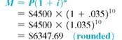 Use values from the compound interest table on page to find both the compound amount and the compound interest. Round the compound amount to the nearest cent. (See Examples.)  Finding the Interest Rate per Compounding Period and the  Number of Compounding Periods  Find the interest rate per compounding period and the number of compounding periods for each. (a) 5% compounded semiannually, 3 years (b) 6% per year, compounded monthly,     years (c) 2% per year, compounded quarterly, 5 years SOLUTION  (a) 5% compounded semiannually is     credited at the end of each 6 months. There are 3 years ×2 periods per year = 6 compounding periods in 3 years. (b) 6% per year, compounded monthly, results in     credited at the end of each month. There are 2.5 years ×12 periods per year = 30 compounding periods in 2.5 years. (c) 2% per year, compounded quarterly, results in     credited at the end of each quarter. There are 5 years ×4 periods per year = 20 compounding periods in 5 years. Finding Compound Interest  An investment managed by Bank of America pays 7, interest per year compounded semian-nually. Given an initial deposit of $4500, (a) use the formula to find the compound amount after 5 years, and (b) find the compound interest. SOLUTION  (a) Interest is compounded at     every 6 months for 5 years × 2 periods per year = 10 periods. Therefore, 3.5% is the interest rate per compounding period ( i ) and 10 is the number of compounding periods ( n ).     The compound amount is $6347.69. (b)      The interest is $1847.69. The calculator solution for part (a) is as follows.     Note: Refer to Appendix B for calculator basics. Finding Compound Interest  In each case, find the interest earned on a $2000 deposit. (a) For 3 years, compounded annually at 4% (b) For 5 years, compounded semiannually at 6% (c) For 6 years, compounded quarterly at 8% (d) For 2 years, compounded monthly at 12% SOLUTION  (a) In 3 years, there are 3 × 1 = 3 compounding periods. The interest rate per compounding period is 4%, 1 = 4%. Look across the top of the compound interest table above for 4% and down the side for 3 periods to find 1.12486.     (b) In 5 years, there are 5 × 2 = 10 semiannual compounding periods. The interest rate per compounding period is 6% ÷ 2 = 3%. In the compound interest table, look at 3% at the top and 10 periods down the side to find 1.34392.     (c) Interest compounded quarterly is compounded 4 times a year. In 6 years, there are 6 × 4 = 24 quarters, or 24 periods. Interest of 8% per year is     = 2% per quarter. In the compound interest table, locate 2% across the top and 24 periods at the left, finding the number 1.60844.     (d) In 2 years, there are 2 × 12 = 24 monthly periods. Interest of 12% per year is     = 1% per month. Look in the compound interest table for 1% and 24 periods, finding the number 1.26973.     Finding Compound Interest  John Smith sold his truck for $15,000, which he deposited in a retirement account that pays interest compounded semiannually. How much will he have after 15 years if the funds grow at (a) 6%? (b) 8%? (c) 10%? SOLUTION  In 15 years, there are 15 × 2 = 30 semiannual periods. The semiannual interest rates are       