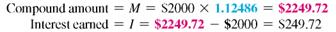 Use values from the compound interest table on page to find both the compound amount and the compound interest. Round the compound amount to the nearest cent. (See Examples.) Finding the Interest Rate per Compounding Period and the Number of Compounding Periods Find the interest rate per compounding period and the number of compounding periods for each. (a) 5% compounded semiannually, 3 years (b) 6% per year, compounded monthly, years (c) 2% per year, compounded quarterly, 5 years SOLUTION (a) 5% compounded semiannually is credited at the end of each 6 months. There are 3 years ×2 periods per year = 6 compounding periods in 3 years. (b) 6% per year, compounded monthly, results in credited at the end of each month. There are 2.5 years ×12 periods per year = 30 compounding periods in 2.5 years. (c) 2% per year, compounded quarterly, results in credited at the end of each quarter. There are 5 years ×4 periods per year = 20 compounding periods in 5 years. Finding Compound Interest An investment managed by Bank of America pays 7, interest per year compounded semian-nually. Given an initial deposit of $4500, (a) use the formula to find the compound amount after 5 years, and (b) find the compound interest. SOLUTION (a) Interest is compounded at every 6 months for 5 years × 2 periods per year = 10 periods. Therefore, 3.5% is the interest rate per compounding period ( i ) and 10 is the number of compounding periods ( n ). The compound amount is $6347.69. (b) The interest is $1847.69. The calculator solution for part (a) is as follows. Note: Refer to Appendix B for calculator basics. Finding Compound Interest In each case, find the interest earned on a $2000 deposit. (a) For 3 years, compounded annually at 4% (b) For 5 years, compounded semiannually at 6% (c) For 6 years, compounded quarterly at 8% (d) For 2 years, compounded monthly at 12% SOLUTION (a) In 3 years, there are 3 × 1 = 3 compounding periods. The interest rate per compounding period is 4%, 1 = 4%. Look across the top of the compound interest table above for 4% and down the side for 3 periods to find 1.12486. (b) In 5 years, there are 5 × 2 = 10 semiannual compounding periods. The interest rate per compounding period is 6% ÷ 2 = 3%. In the compound interest table, look at 3% at the top and 10 periods down the side to find 1.34392. (c) Interest compounded quarterly is compounded 4 times a year. In 6 years, there are 6 × 4 = 24 quarters, or 24 periods. Interest of 8% per year is = 2% per quarter. In the compound interest table, locate 2% across the top and 24 periods at the left, finding the number 1.60844. (d) In 2 years, there are 2 × 12 = 24 monthly periods. Interest of 12% per year is = 1% per month. Look in the compound interest table for 1% and 24 periods, finding the number 1.26973. Finding Compound Interest John Smith sold his truck for $15,000, which he deposited in a retirement account that pays interest compounded semiannually. How much will he have after 15 years if the funds grow at (a) 6%? (b) 8%? (c) 10%? SOLUTION In 15 years, there are 15 × 2 = 30 semiannual periods. The semiannual interest rates are