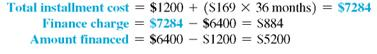 Find the approximate annual percentage rate using the approximate annual percentage rate formula. Round to the nearest tenth of a percent. (See Example.) Finding the Annual Percentage Rate Ed Chamski decides to buy a used car for $6400. He makes a down payment of $1200 and monthly payments of $169 for 36 months. Find the approximate annual percentage rate rounded to the nearest tenth of a percent. SOLUTION Use the steps outlined above. Quick TIP The precise APR can be found using a financial calculator as shown in examples in Appendix C. Use the formula for approximate APR. Replace the finance charge with $884, the amount financed with $5200, and the number of payments with 36. The approximate annual percentage rate on this loan is 11%. Example shows how to find the actual APR for this loan. Finding the Annual Percentage Rate In Example, a used car costing $6400 was financed at $169 per month for 36 months after a down payment of $1200. The total finance charge was $884, and the amount financed was $5200. Find the annual percentage rate. SOLUTION Step 1 Multiply the finance charge by $100, and divide by the amount financed. Quick TIP When using the annual percentage rate table, select the column with the table number that is closest to the finance charge per $100 of amount financed. This gives the finance charge per $100 financed. Step 2 Read down the left column of the annual percentage rate table to the line for 36 months (the actual number of monthly payments). Follow across to the right to find the number closest to $17.00. Here, find 17.01. Read the number at the top of this column of figures to find the annual percentage rate, 10.50%. In this example, 10.50% is the annual percentage rate that must be disclosed to the buyer of the car. In Example, the formula for the approximate annual percentage rate gave an answer of 11%, which is not accurate enough to meet the requirements of the law.