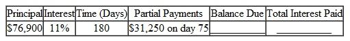 Find the balance due on the maturity date of the following notes. Find the total amount of interest paid on the note. Use the United States Rule. (See Examples.) Finding the Amount Due On August 14, Dr. Jane Ficker signed a 180-day note for $28,500 for a used x-ray machine for her dental office. The note has an interest rate of 10% compounded annually. On October 25, a payment of $8500 is made. (a) Find the balance owed on the principal after the payment. (b) If no additional payments are made, find the amount due at maturity of the loan. SOLUTION Finding the Interest Paid and Amount Due On March 1, Boston Dairy signs a promissory note for $38,500 to replace some milking equipment for their Holsteins. The note is for 180 days at a rate of 10%. The dairy makes the following partial payments: $6000 on June 9 and $3500 on July 11. Find the interest paid on the note and the amount due on the due date of the note. SOLUTION The first partial payment is on June 9 or, using the number of days in each month, after (30 + 30 + 31 + 9) = 100 days. Debt on July 11 after 2nd partial payment = $33,569.44 ? $3201.60 = $ 30,367.84 The first partial payment is made after 100 days, and the second partial payment is made after an additional 32 days. Thus, the due date of the note is 180 ? 100 ? 32 = 48 days after the second partial payment.