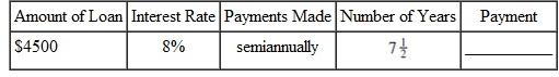 Find the payment necessary to amortize the following loans using the amortization table. Round to the nearest cent if needed. (See Example.)  Amortizing a Loan  Sven Yarborough earned a degree at a community college and is now a mechanic at a Ford dealership. He was so impressed with the quality of Fords that he purchased an SUV at a cost of $29,400, including tax, title, and license, after the rebate. He made a down payment of $3500 and was able to finance the balance at a rate of 6% per year for 4 years. Find (a) the monthly payment, (b) the portion of the first payment that is interest, (c) the balance due after one payment, (d) the interest owed for the second month, and (e) the balance after the second payment.     SOLUTION        