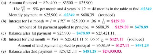 Find the payment necessary to amortize the following loans using the amortization table. Round to the nearest cent if needed. (See Example.) Amortizing a Loan Sven Yarborough earned a degree at a community college and is now a mechanic at a Ford dealership. He was so impressed with the quality of Fords that he purchased an SUV at a cost of $29,400, including tax, title, and license, after the rebate. He made a down payment of $3500 and was able to finance the balance at a rate of 6% per year for 4 years. Find (a) the monthly payment, (b) the portion of the first payment that is interest, (c) the balance due after one payment, (d) the interest owed for the second month, and (e) the balance after the second payment. SOLUTION