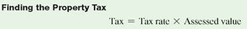 Explain the difference between fair market value, assessed value, and property tax. (See Objectives 1, 2, and 3.) Define fair market value and assessed value. A local tax assessor estimates the market value of all the land and buildings in an area. The fair market value is the price at which a property can reasonably be expected to be sold. The fair market value could be used to find the amount of the property tax. However, many tax authorities first find what is called the assessed value, by multiplying the fair market value by a percent called the assessment rate. The assessed value is then used to calculate the property tax. In fact, the only purpose of the assessed value is for use in finding the property tax. The assessment rate varies widely from 25, in some states to 100, in others. O BJ ECT IV E 2 Find the tax rate. A taxing authority such as a city or community college district first estimates the revenue needed and then finds the property-tax rate needed to generate that amount of tax as follows. Finding the Property-Tax Rate Step 1 Identify the amount of money needed. Step 2 Find the total fair market value of all real properties in the tax district. Step 3 Find the total assessed value of all real properties in the tax district. Step 4 O BJ ECT IV E 3 Find the property tax. The tax rate is applied to the assessed value to find the property tax due as follows.