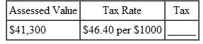 Find the property tax for the following. (See Example.) Finding the Property Tax Find the taxes on each of the following pieces of property. Assessed values and tax rates are given. (a) $58,975; 8.4% (b) $875,400; $7.82 per $100 (c) $129,600; $64.21 per $1000 (d) $221,750; 94 mills SOLUTION Multiply the tax rate by the assessed value. (a) 8.4% =.084 Tax = Tax rate × Assessed value Tax =.084 × $58,975 = $4953.90 (b) $875,400 = 8754 hundreds Tax = $7.82 × 8754 = $68,456.28 (c) $129,600 = 129.6 thousands Tax = $64.21 × 129.6 = $8321.62 (d) 94 mills =.094 Tax =.094 × $221,750 = $20,844.50