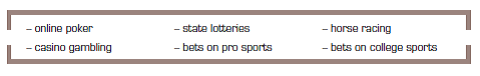 The Justice Department recently shut down three of the most popular online poker websites (Poker Stars, Absolute Poker, and Full Tilt Poker). State agencies take countless actions each year to stop illegal gaming operations. Do you believe that gambling by adults should be regulated If so, which types Rate the following types of gambling from most acceptable to least acceptable: