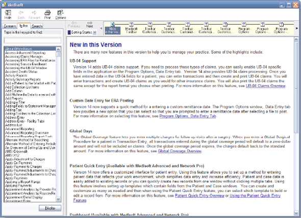 Practice using Medisoft's built-in help feature. 1. Click the Help menu. 2. Click Medisoft Help. Medisoft displays a list of topics for which help is available. Figure 3-24 Medisoft built-in Help feature Figure 3-25 Medisoft online Knowledge Base 3. Locate Diagnosis Entry in the left column. Double-click Diagnosis Entry. Information on entering diagnosis codes is displayed on the right side of the window. 4. Click the Close box to close the Help window.