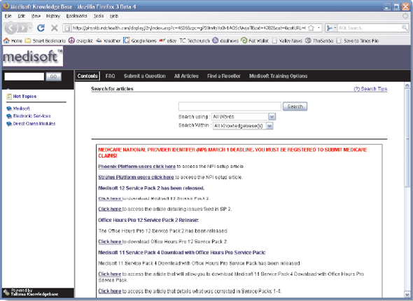 Practice using Medisoft's built-in help feature. 1. Click the Help menu. 2. Click Medisoft Help. Medisoft displays a list of topics for which help is available. Figure 3-24 Medisoft built-in Help feature Figure 3-25 Medisoft online Knowledge Base 3. Locate Diagnosis Entry in the left column. Double-click Diagnosis Entry. Information on entering diagnosis codes is displayed on the right side of the window. 4. Click the Close box to close the Help window.