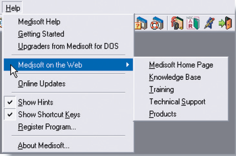 Practice using Medisoft's online help. 1. Access the Internet. Click Medisoft on the Web Knowledge Base option on the Help menu (see Figure 3-26). The Knowledge Base area of the website is displayed. Figure 3-26 Medisoft on the Web submenu 2. Enter transactions in the search box. 3. Select Medisoft on the Search Within drop-down list. 4. Accept the All Categories entry. 5. Click the Search button. 6. FAQs, or Frequently Asked Questions, appear at the top of the list of articles. 7. Select an article, and click on the title to read it. 8. Click the Close box to exit the Medisoft Knowledge Base. Terminate your Internet connection, if appropriate.