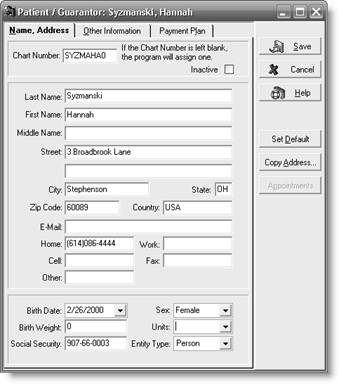 a Anthony Battistuta Name, Address dialog box b Lawana Brooks Personal tab c Lawana Brooks Diagnosis tab d Lawana Brooks Condition tab e Edwin Hsu Name, Address dialog box f Edwin Hsu Personal tab g Edwin Hsu Diagnosis tab h. Hannah Syzmanski Name, Address tab i Hannah Syzmanski Other Information tab j Hannah Syzmanski Personal tab 0 k Hannah Syzmanski Account tab 1 l Hannah Syzmanski Diagnosis tab 2 m Hannah Syzmanski Policy 1 tab 3