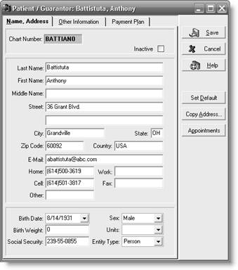 a Anthony Battistuta Name, Address dialog box b Lawana Brooks Personal tab c Lawana Brooks Diagnosis tab d Lawana Brooks Condition tab e Edwin Hsu Name, Address dialog box f Edwin Hsu Personal tab g Edwin Hsu Diagnosis tab h. Hannah Syzmanski Name, Address tab i Hannah Syzmanski Other Information tab j Hannah Syzmanski Personal tab 0 k Hannah Syzmanski Account tab 1 l Hannah Syzmanski Diagnosis tab 2 m Hannah Syzmanski Policy 1 tab 3