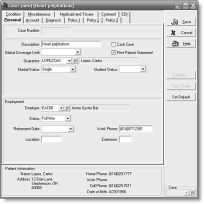 a Carlos Lopez Personal tab b Carlos Lopez Diagnosis tab c Carlos Lopez Condition tab d Carlos Lopez Transaction Entry dialog box e Carlos Lopez Walkout Receipt