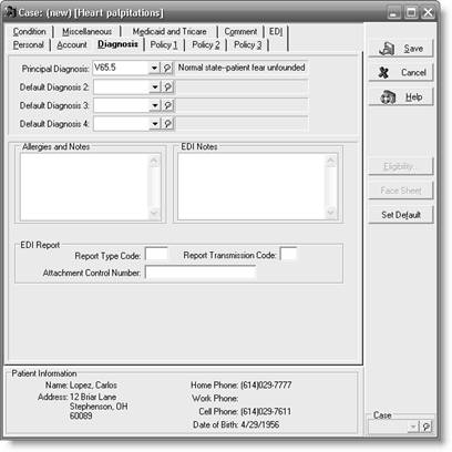 a Carlos Lopez Personal tab b Carlos Lopez Diagnosis tab c Carlos Lopez Condition tab d Carlos Lopez Transaction Entry dialog box e Carlos Lopez Walkout Receipt