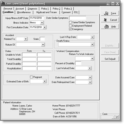 a Carlos Lopez Personal tab b Carlos Lopez Diagnosis tab c Carlos Lopez Condition tab d Carlos Lopez Transaction Entry dialog box e Carlos Lopez Walkout Receipt