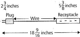 The total length of an extension cord measures     inches. The plug end measures     inches, and the receptacle end measures     inches. What is the length of the wire portion of the extension cord    