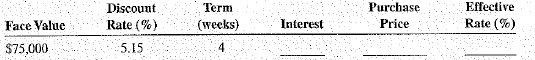 Calculate the interest, purchase price, and effective interest rate of the following Treasury bill (T-bill) purchases. Round effective interest rate to the nearest hundredth of a percent.    